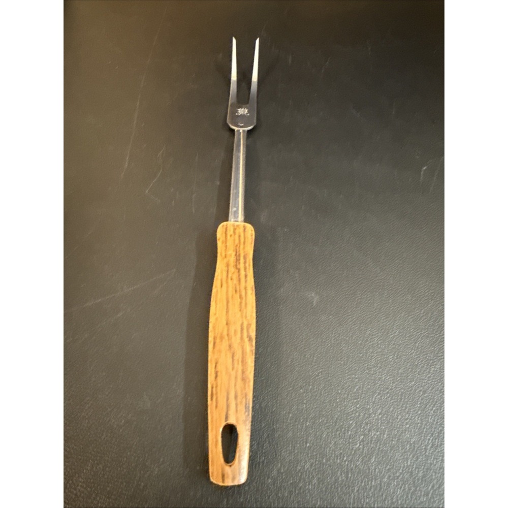 Vintage Ekco USA Stainless Steel 2 Prong Carving Meat Fork Faux Wood Handle 12"